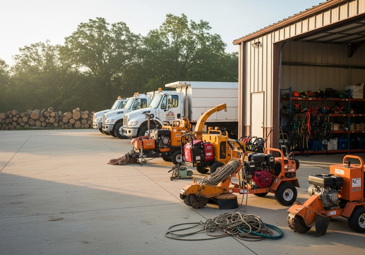 Professional tree service crew with equipment and tools ready for residential and commercial tree work.