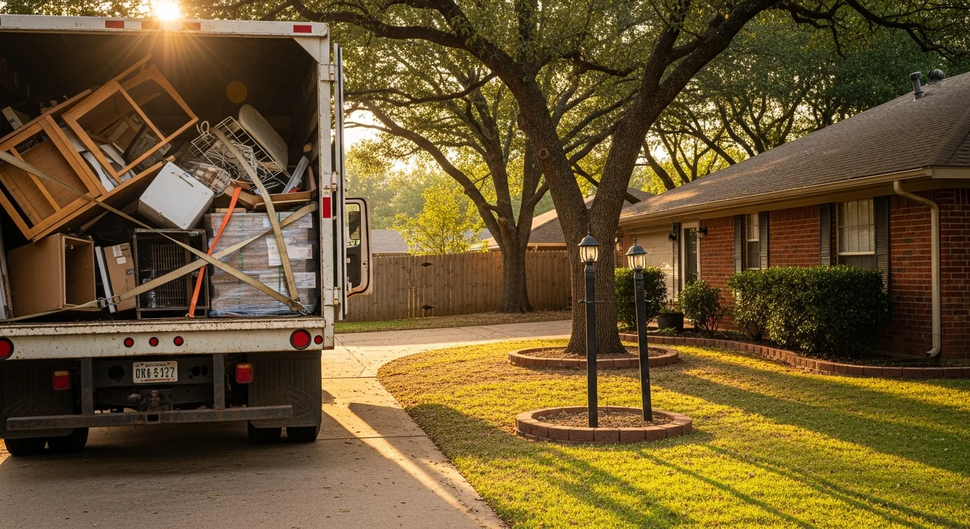 Junk removal truck clearing debris from a residential property
