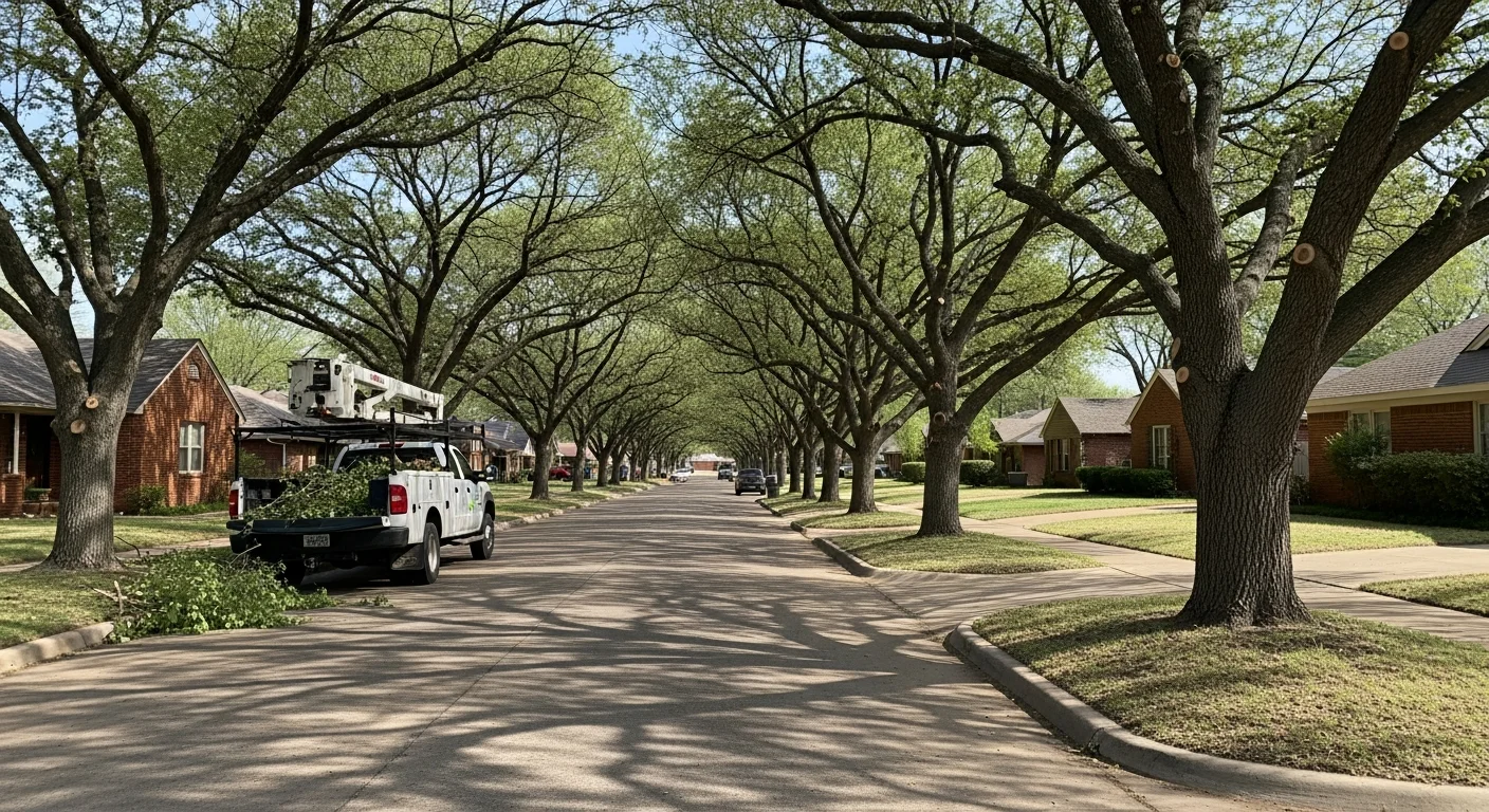 Urban Oklahoma City street with mixed residential and commercial buildings.