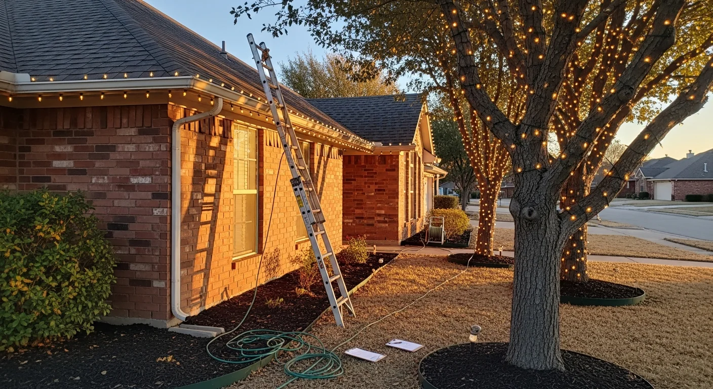 A single-story Shawnee, Oklahoma home with white and warm-yellow Christmas lights mounted along the roofline and wrapped around front-yard trees at dusk. A Sooner State Tree Service crew member secures light strands from a ladder in the foreground.