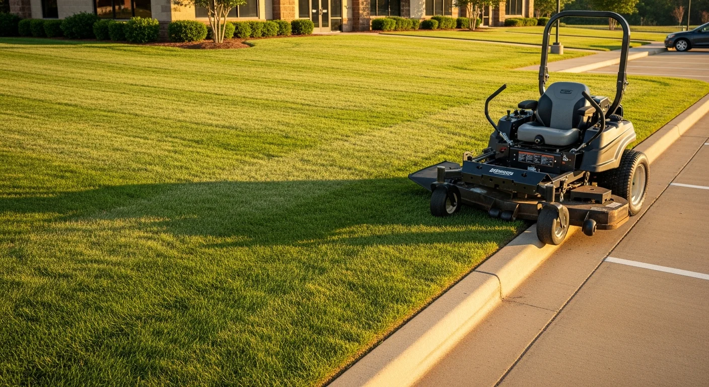 A neatly mowed commercial property in Shawnee, Oklahoma with clean-edged sidewalks and uniform turf lines across a large open lot. The grass shows consistent cut height with no visible clippings along the parking area border.