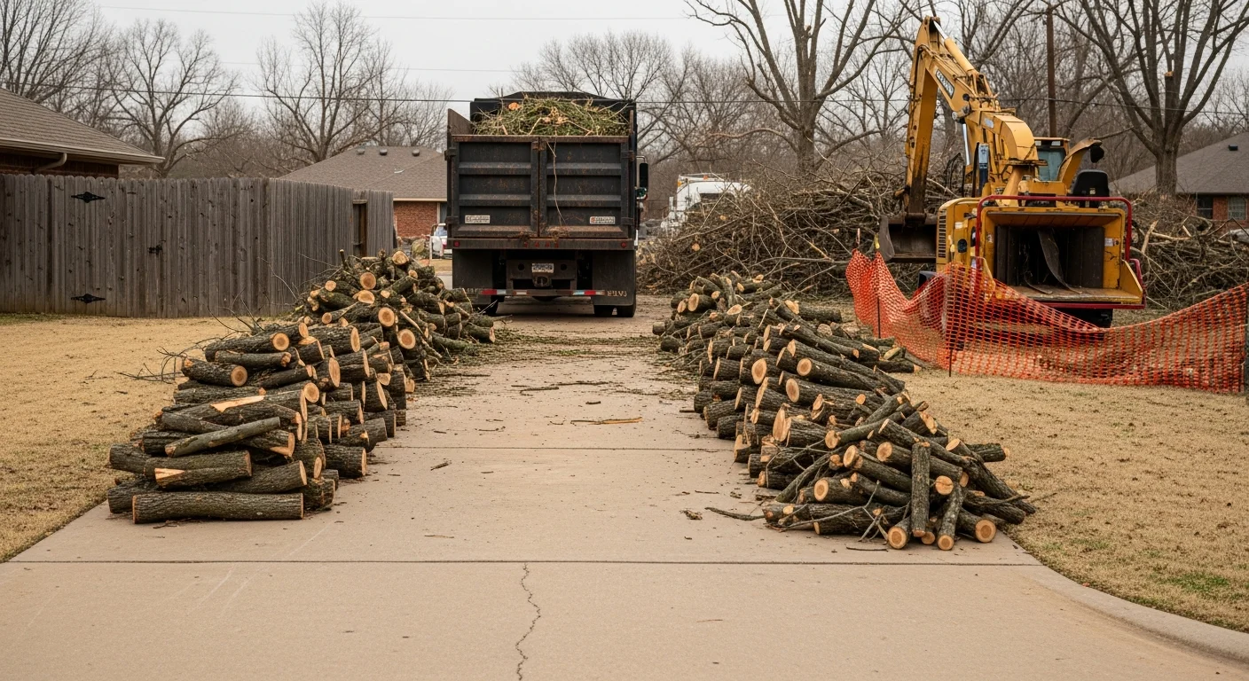 A cleared Shawnee, Oklahoma residential backyard after storm debris removal, with hauled-away tree branches and brush leaving a clean, open lawn. A Sooner State Tree Service crew member loads the last of the cut wood into a truck near a fence line.