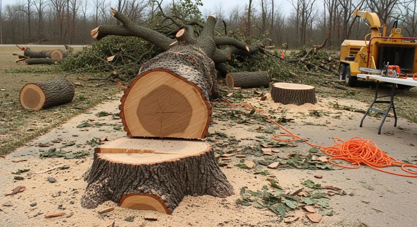 A large storm-damaged tree removed from a residential property in Shawnee, Oklahoma, with the cleared yard and intact roofline visible. A tree service crew with rigging equipment stands near the sectioned trunk and stacked debris.