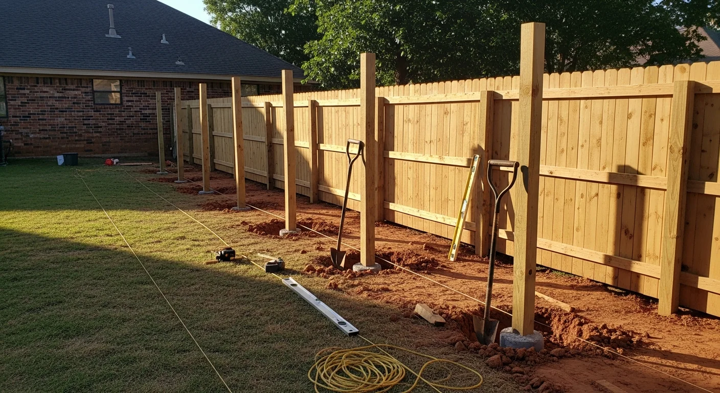 A newly installed wood privacy fence along the backyard of a brick ranch-style home in Shawnee, Oklahoma. Fence posts are set straight and level across a flat residential lot with a clear property line.