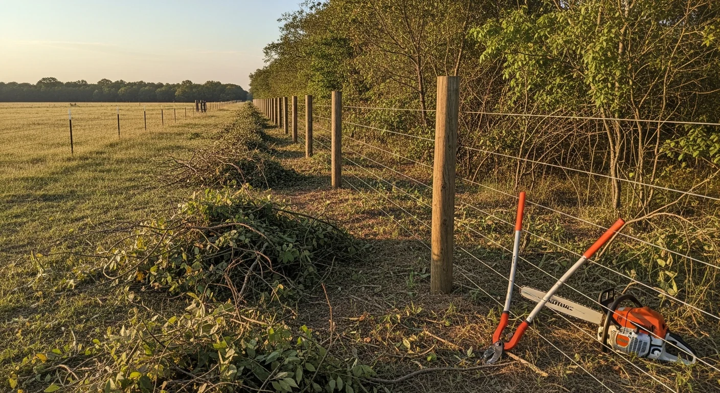 A clean, open fence line on a rural Shawnee, Oklahoma property after brush, vines, and saplings have been removed from the posts and wire. The cleared boundary runs along a pasture edge with visible fence posts and no vegetation pressing against the fencing.