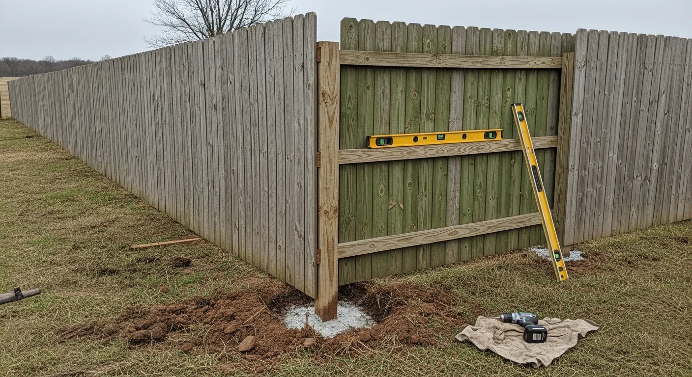 A repaired wood privacy fence along a residential property line in Shawnee, Oklahoma, with replaced panels and reset posts standing level after storm damage. A neatly latched gate is visible at the yard entrance on a clear day.