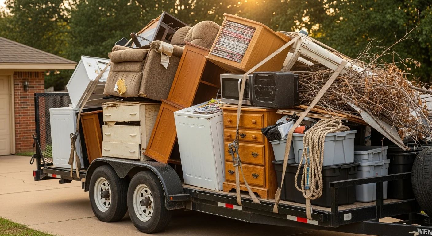 A cleared residential yard and garage at a single-family home in Shawnee, Oklahoma, after junk removal service. Old furniture, appliances, and yard debris have been loaded and hauled away, leaving the property clean and open.
