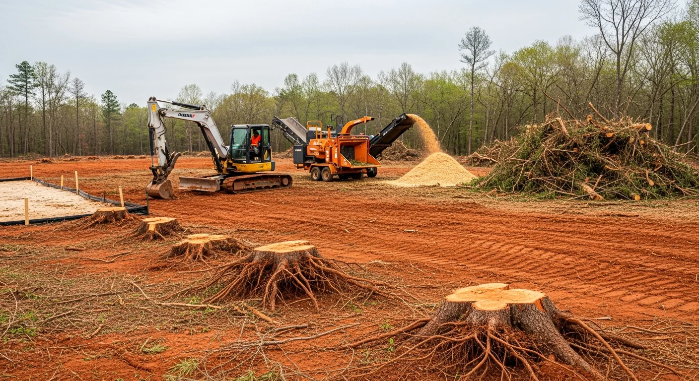A freshly cleared residential lot in Shawnee, Oklahoma with stumps removed and open ground ready for construction. Surrounding tree line and red clay soil visible at the property edge.