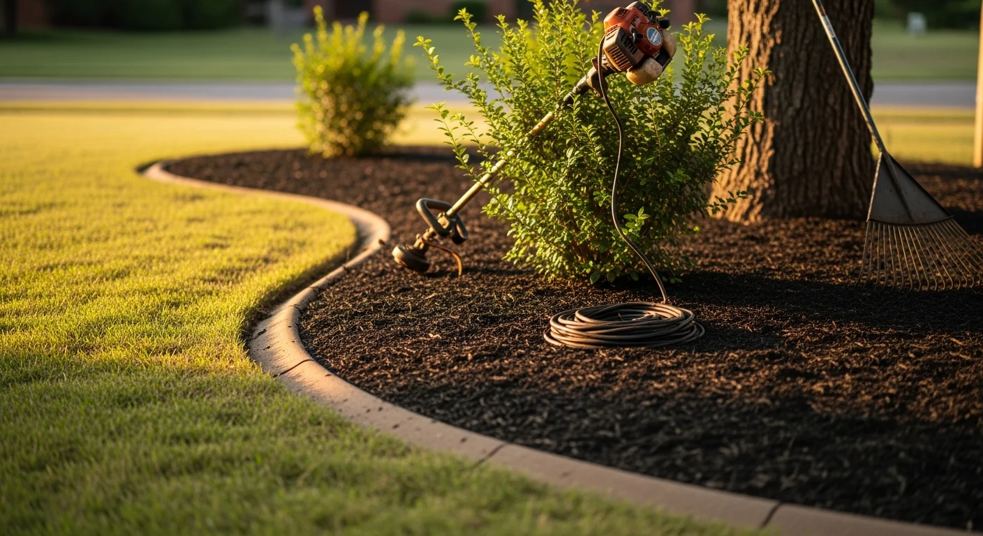 A well-maintained residential front yard in Shawnee, Oklahoma with cleanly edged turf, freshly mulched planting beds, and trimmed shrubs along the foundation. A landscape maintenance crew works in the background on a clear Oklahoma day.