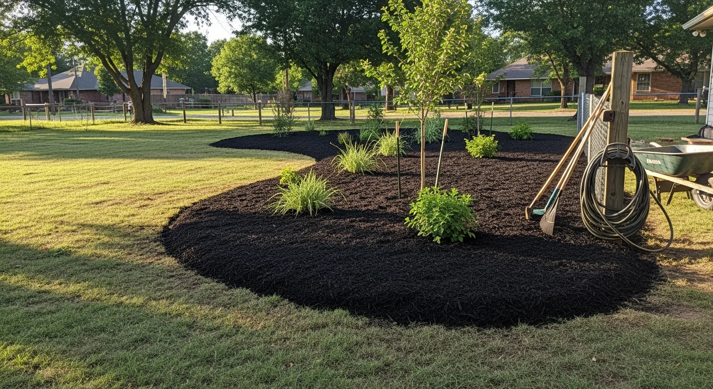 A freshly landscaped residential front yard in Shawnee, Oklahoma with defined mulched beds, trimmed shrubs, and clean edging along a concrete walkway. The yard shows structured plantings suited to central Oklahoma's clay soil and open sun exposure.