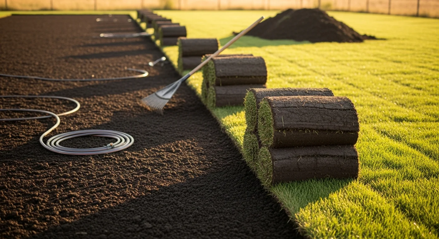 Freshly installed green sod laid in tight staggered rows across a residential front yard in Shawnee, Oklahoma. A landscaping crew member rolls the turf flat against prepared soil on a clear day.
