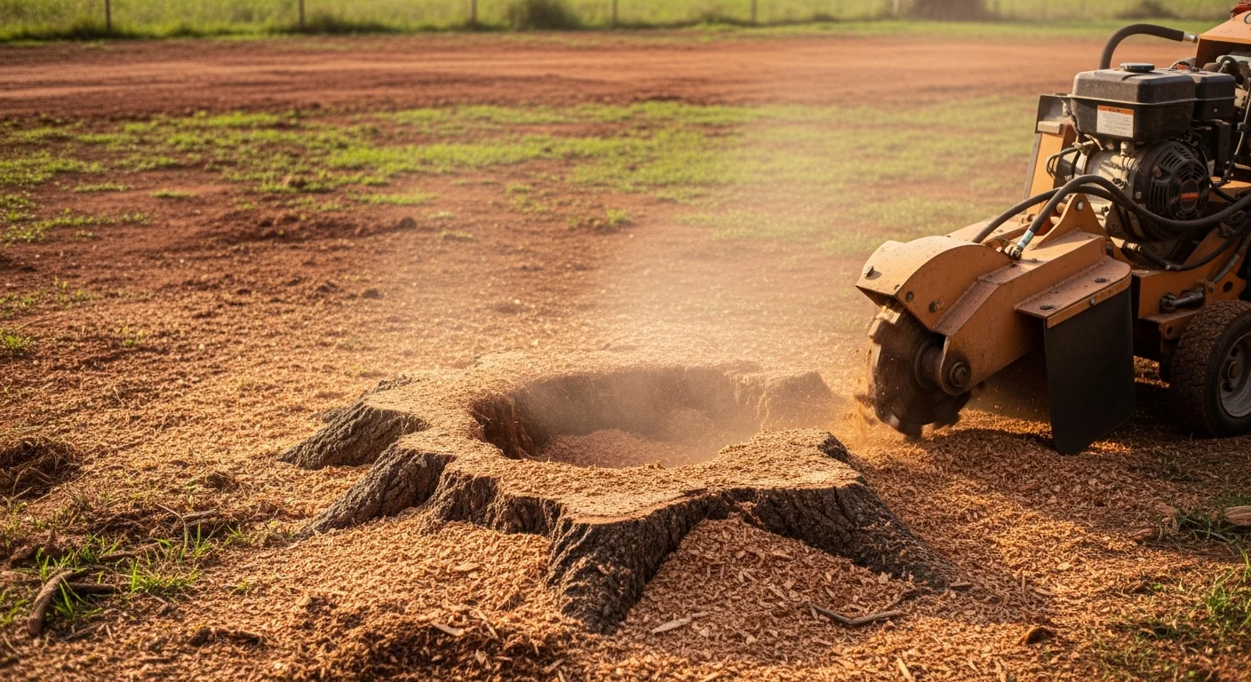 A stump grinding machine working on a large post oak stump in a residential backyard in Shawnee, Oklahoma. The surrounding lawn is intact and wood chips fill the freshly ground hole.