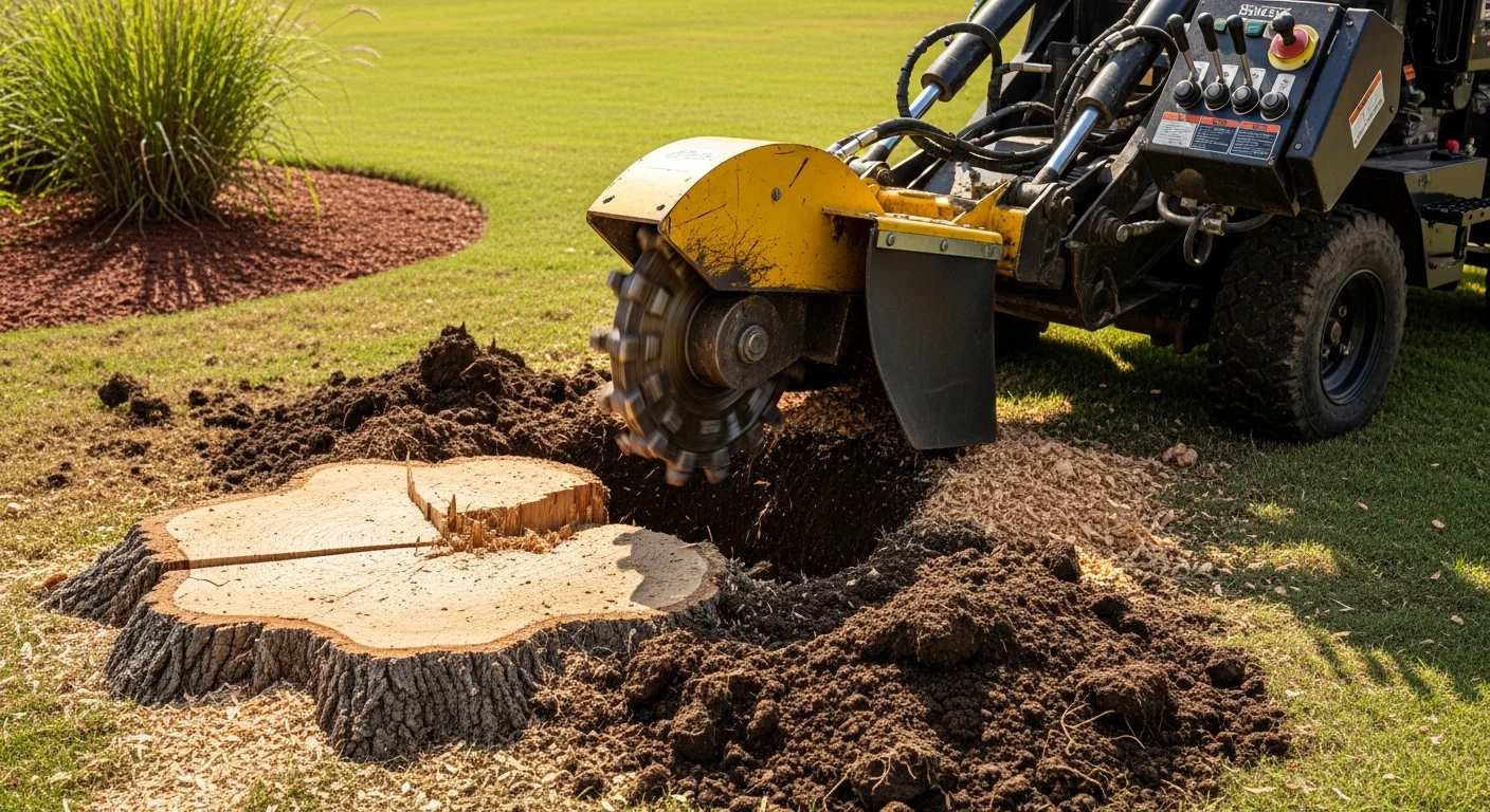A freshly ground tree stump in a residential backyard in Shawnee, Oklahoma, with wood chips scattered around a level soil surface. The surrounding lawn is intact and the area is clear of debris.