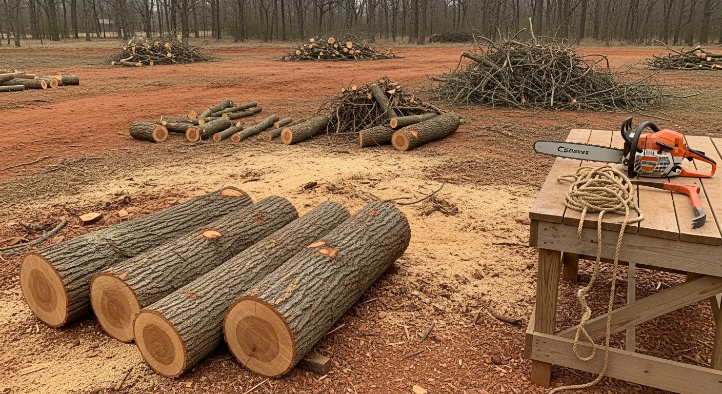 A large dead post oak tree being removed from a residential property in Shawnee, Oklahoma, with a crew working near a single-story home. The cleared yard shows clay soil and surrounding native trees typical of the Pottawatomie County area.