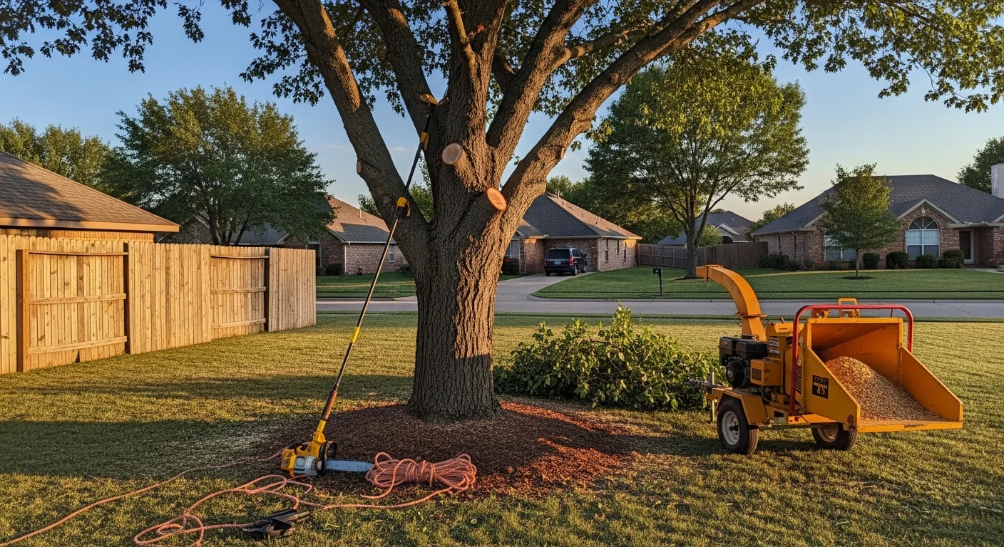 A tree service crew trimming the extended canopy of a mature post oak beside a single-story home in a Shawnee, Oklahoma residential neighborhood. Cut branches are stacked on the lawn while a worker in a harness makes a precision cut near the roofline.